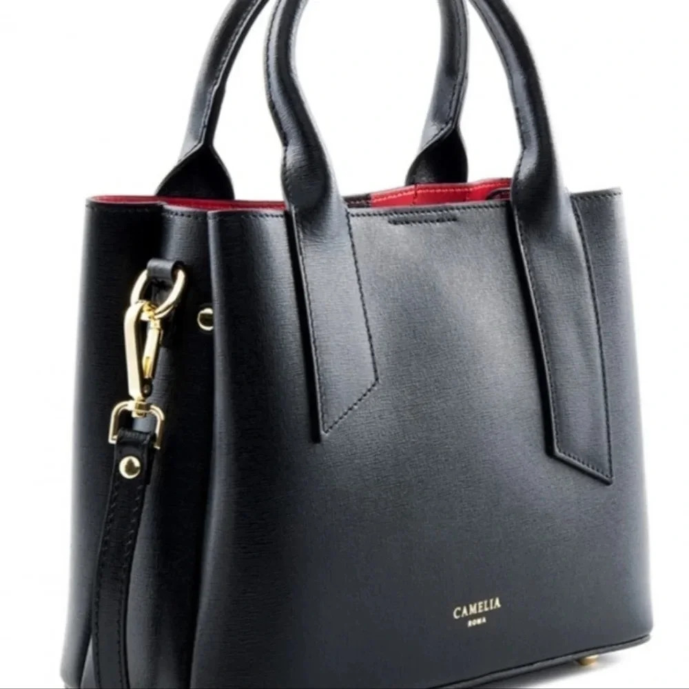 🥳HOST PICK🥳 Camelia Roma Saffiano Leather Black Red Satchel Bag Top Handle - Picture 4 of 9